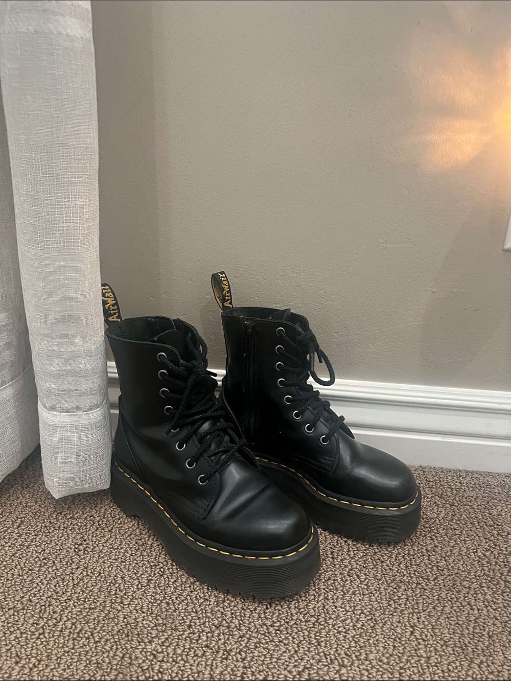 Dr. Martens Black Leather Platform Lace-Up Boots with Yellow Stitching